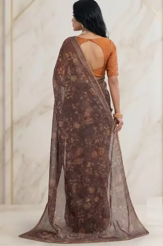 Brown color graceful floral printed smart ceremonial saree