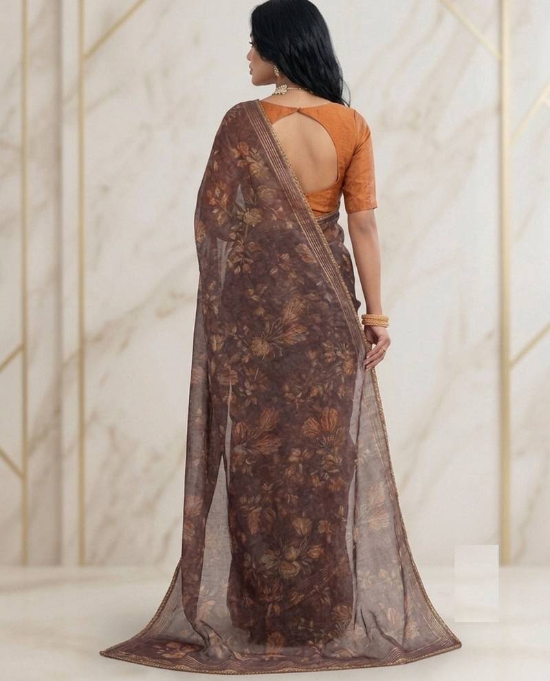 Brown color graceful floral printed smart ceremonial saree