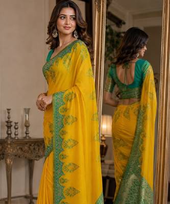 Yellow soft silk blend banarasi jacuard work festive saree with unstitched blouse piece 4