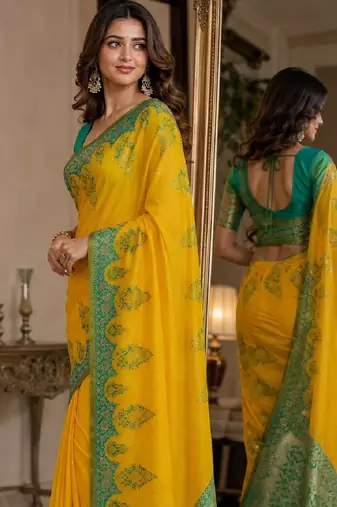 Yellow soft silk blend banarasi jacuard work festive saree with unstitched blouse piece