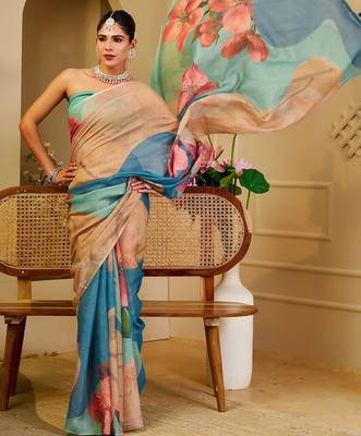 cream blue cotton blend zari weaving floral digital print festive saree with unstitched blouse piece 2