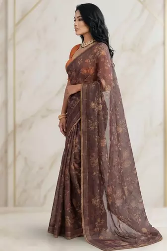Brown color graceful floral printed smart ceremonial saree