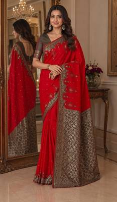 Red soft silk blend banarasi jacuard work festive saree with unstitched blouse piece 1