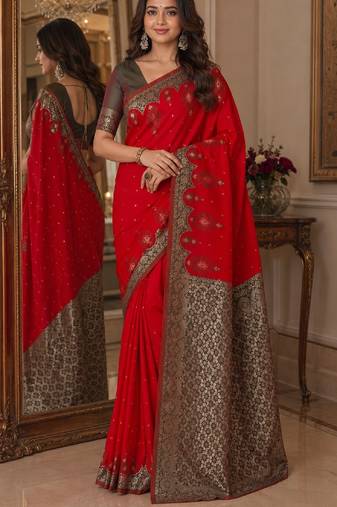 Red soft silk blend banarasi jacuard work festive saree with unstitched blouse piece