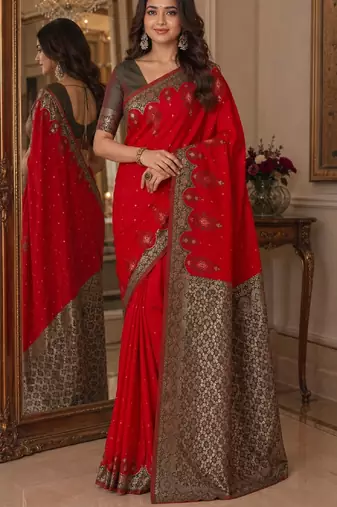 Red soft silk blend banarasi jacuard work festive saree with unstitched blouse piece