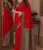 Red soft silk blend banarasi jacuard work festive saree with unstitched blouse piece