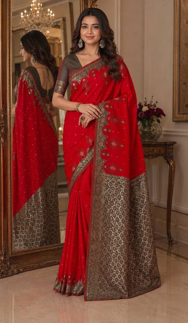 Red soft silk blend banarasi jacuard work festive saree with unstitched blouse piece