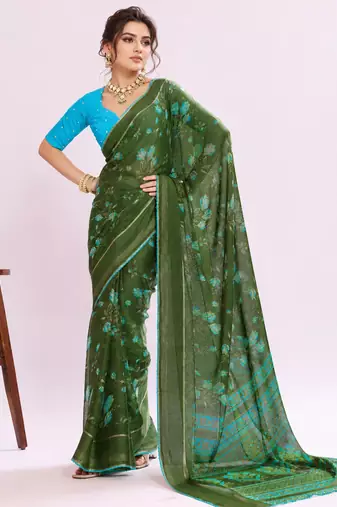 Green color graceful floral printed smart ceremonial saree