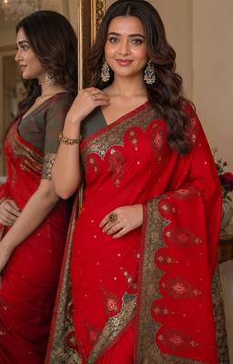Red soft silk blend banarasi jacuard work festive saree with unstitched blouse piece 2