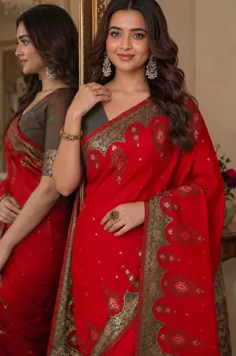 Red soft silk blend banarasi jacuard work festive saree with unstitched blouse piece