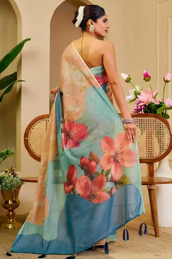 cream blue cotton blend zari weaving floral digital print festive saree with unstitched blouse piece