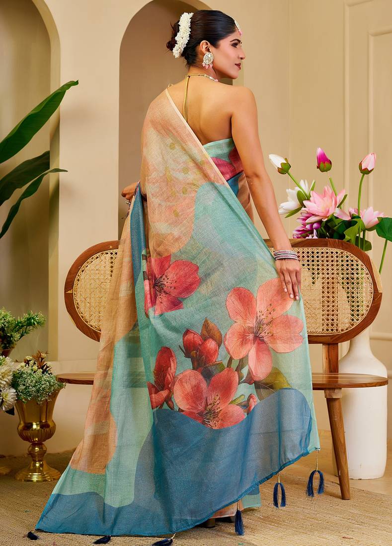 cream blue cotton blend zari weaving floral digital print festive saree with unstitched blouse piece