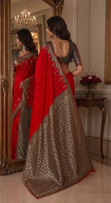Red soft silk blend banarasi jacuard work festive saree with unstitched blouse piece 3