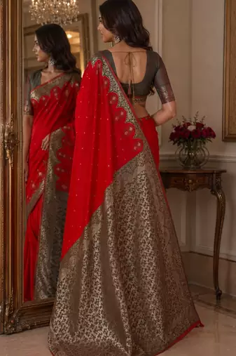 Red soft silk blend banarasi jacuard work festive saree with unstitched blouse piece