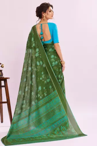 Green color graceful floral printed smart ceremonial saree