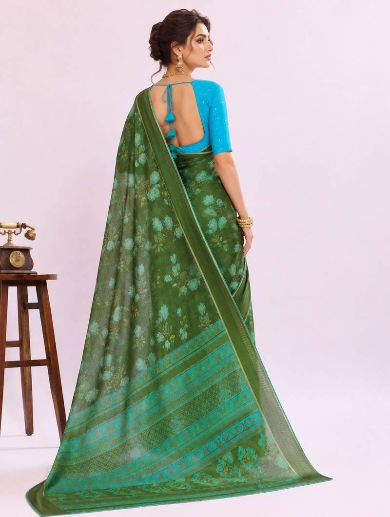 Green color graceful floral printed smart ceremonial saree