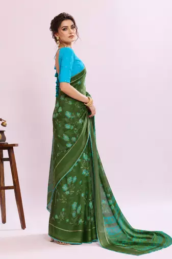 Green color graceful floral printed smart ceremonial saree