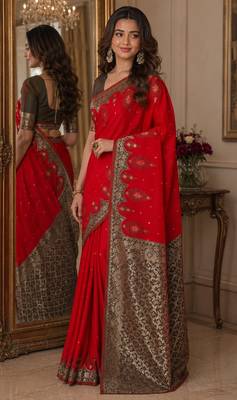 Red soft silk blend banarasi jacuard work festive saree with unstitched blouse piece 4