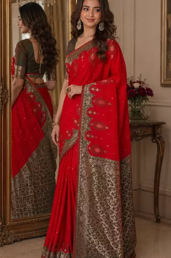 Red soft silk blend banarasi jacuard work festive saree with unstitched blouse piece