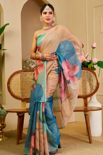 cream blue cotton blend zari weaving floral digital print festive saree with unstitched blouse piece