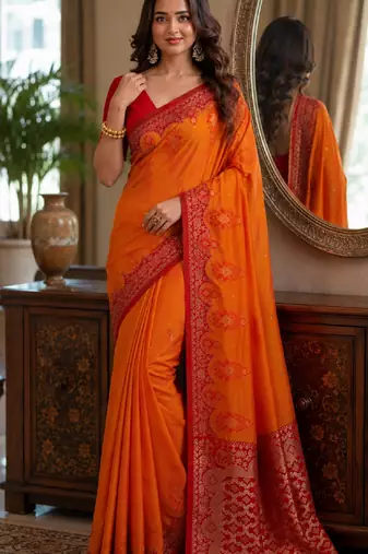 Orange soft silk blend banarasi jacuard work festive saree with unstitched blouse piece