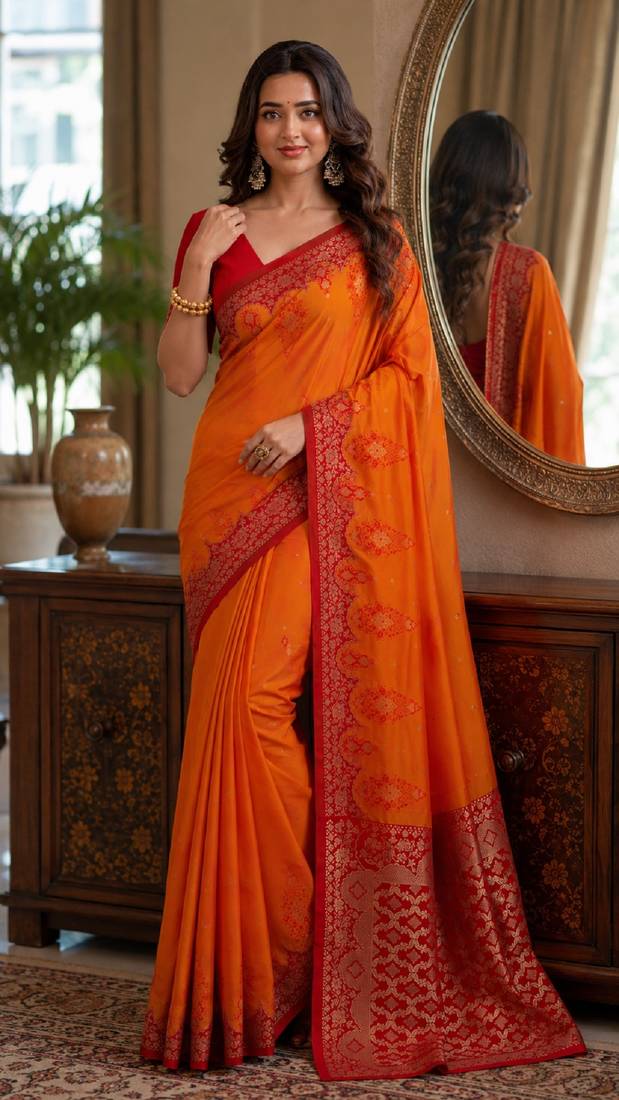 Orange soft silk blend banarasi jacuard work festive saree with unstitched blouse piece