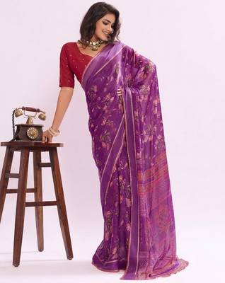 Purple  color graceful floral printed smart ceremonial saree 1