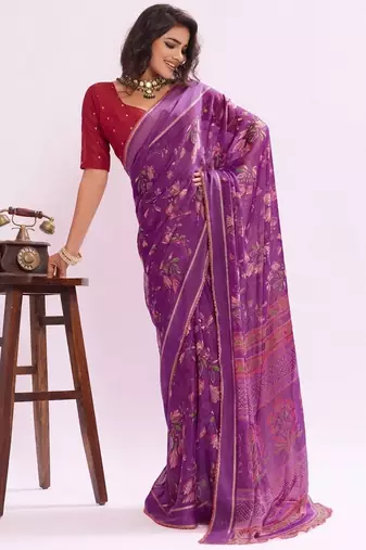 Purple  color graceful floral printed smart ceremonial saree
