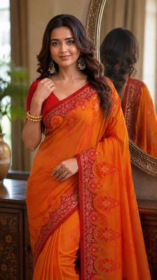 Orange soft silk blend banarasi jacuard work festive saree with unstitched blouse piece 2