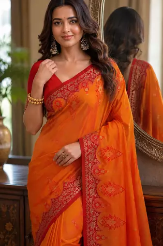 Orange soft silk blend banarasi jacuard work festive saree with unstitched blouse piece