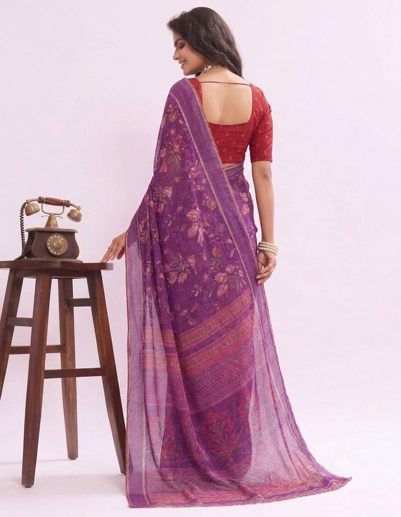 Purple  color graceful floral printed smart ceremonial saree