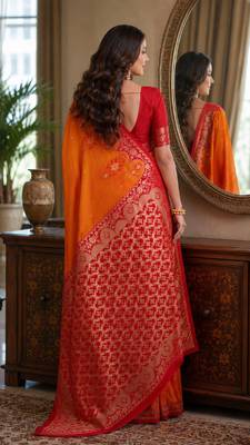 Orange soft silk blend banarasi jacuard work festive saree with unstitched blouse piece 3