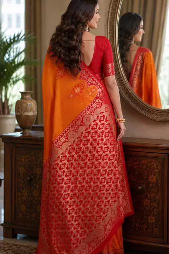 Orange soft silk blend banarasi jacuard work festive saree with unstitched blouse piece