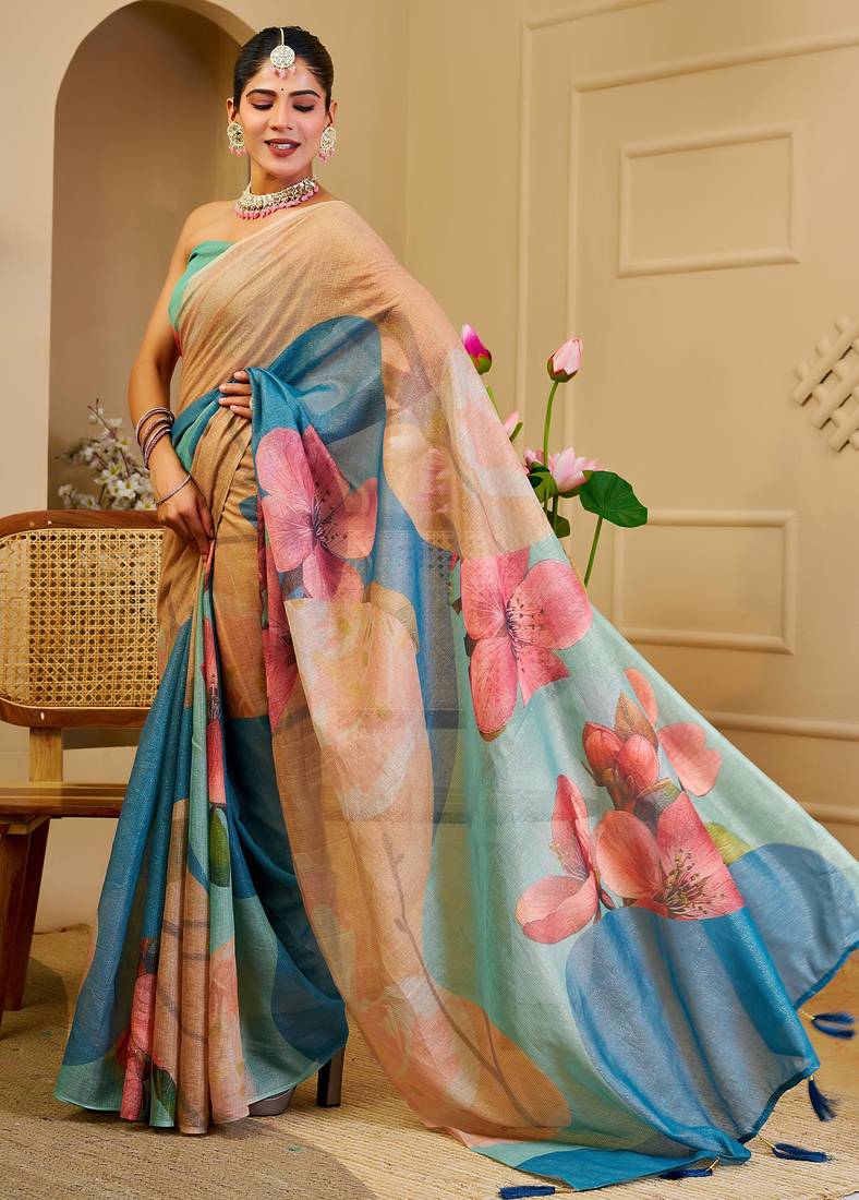 cream blue cotton blend zari weaving floral digital print festive saree with unstitched blouse piece