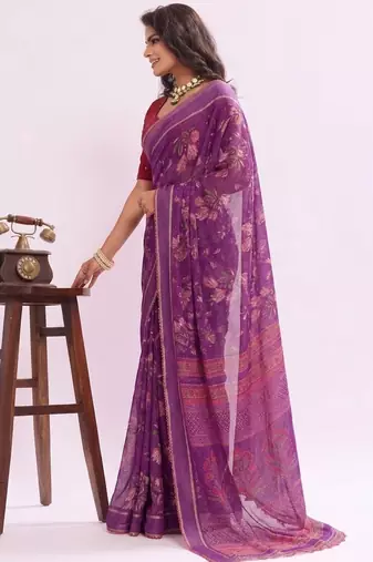 Purple  color graceful floral printed smart ceremonial saree