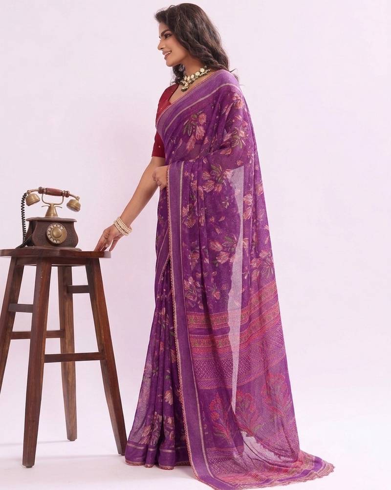 Purple  color graceful floral printed smart ceremonial saree