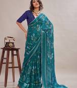 Rama color graceful floral printed smart ceremonial saree