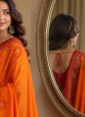 Orange soft silk blend banarasi jacuard work festive saree with unstitched blouse piece 4