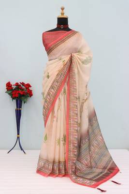 cream cotton blend zari weaving floral digital print festive saree with unstitched blouse piece 1