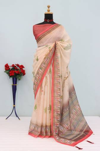 cream cotton blend zari weaving floral digital print festive saree with unstitched blouse piece