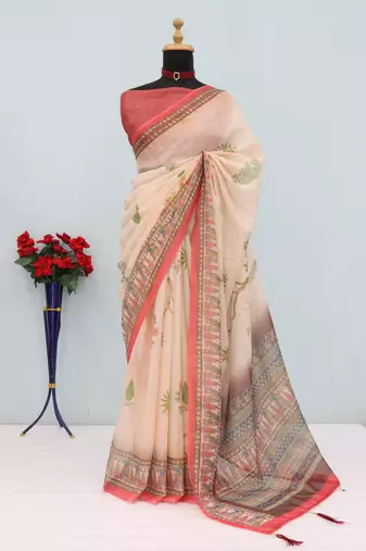 cream cotton blend zari weaving floral digital print festive saree with unstitched blouse piece