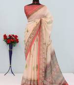 cream cotton blend zari weaving floral digital print festive saree with unstitched blouse piece