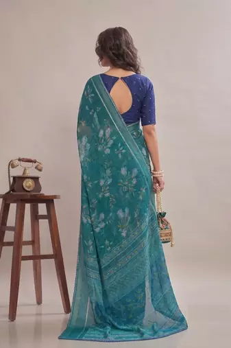 Rama color graceful floral printed smart ceremonial saree