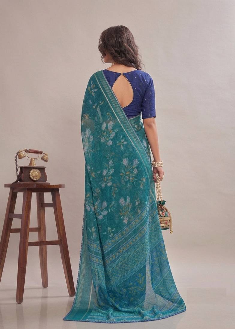 Rama color graceful floral printed smart ceremonial saree