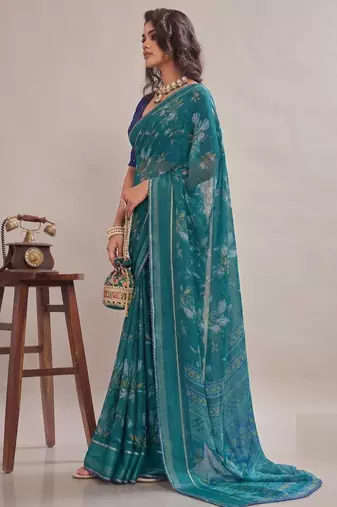 Rama color graceful floral printed smart ceremonial saree