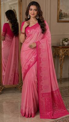 Pink soft silk blend banarasi jacuard work festive saree with unstitched blouse piece 1