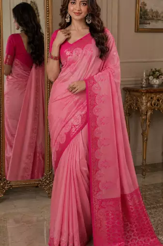 Pink soft silk blend banarasi jacuard work festive saree with unstitched blouse piece