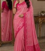 Pink soft silk blend banarasi jacuard work festive saree with unstitched blouse piece