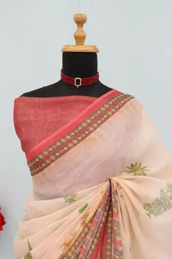 cream cotton blend zari weaving floral digital print festive saree with unstitched blouse piece