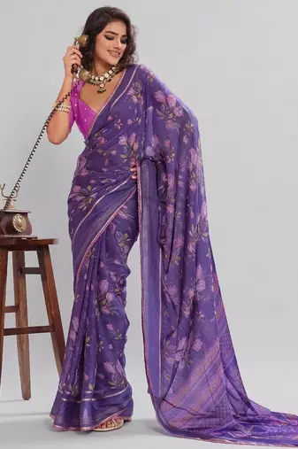 Violet color graceful floral printed smart ceremonial saree